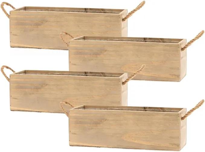 Wooden Planter Box with Handle, Rustic Barn Wood, Plastic Liner l Garden Decor l Restaurant and Wedding Decorations l Wedding Table Centerpiece (12x4 w Handle Set of 4, Natural) by GreenHaven Gardens