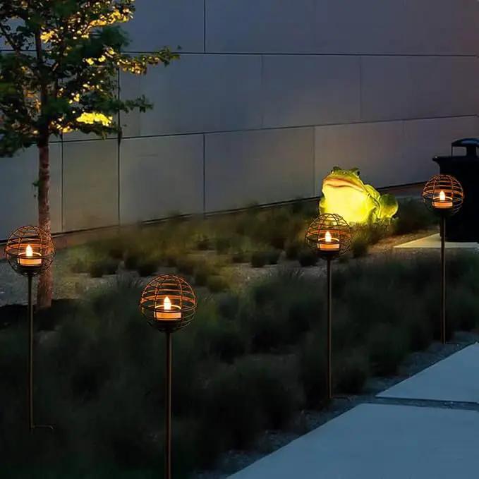 Solar Pathway Lights Outdoor, Rust Iron Ball Candle Holder Stake with Flickering Solar Powered Tea Lights, Perfect Decorative Garden Lighting for Yard Lawn Patio Landscape Decor Outside-4Pack by GreenHaven Gardens