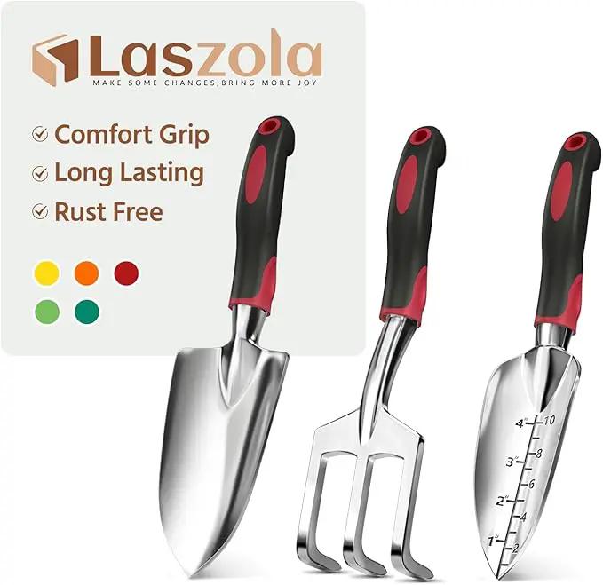 LASZOLA 3 Piece Garden Tool Set Include Hand Trowel Rake and Transplant Shovel for Women, Indoor Heavy Duty Small Spade Kit with Ergonomic Handle to Weed and Loosen, for Mom and Plant Beginner, Red by GreenHaven Gardens