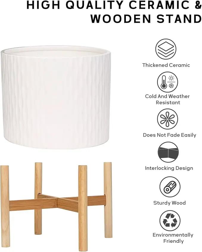 LaDoVita Ceramic Plant Pot with Stand, 10 Inch Planter with Wood Shelf, Modern Round Flower Pots Indoor with Wood Planter Holder, White Water Ripple Pattern by GreenHaven Gardens