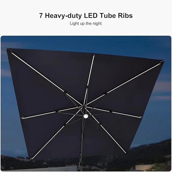 PURPLE LEAF 10 Feet Patio Umbrella with Base Outdoor Cantilever Solar Powered LED Square Umbrella Aluminum Offset Umbrella with 360-degree Rotation for Garden Deck Pool Patio Navy by GreenHaven Gardens