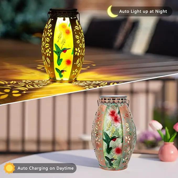 Hummingbird Solar Lanterns Outdoor Waterproof,Stained Glass & Metal Solar Lantern,Hanging Solar Lantern with Hollowed-Out Design,Hummingbird Tabletop Lamp Solar Lights for Yard Garden Patio by GreenHaven Gardens