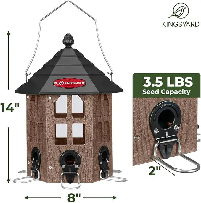 Kingsyard Wild Bird Feeder for Outdoor Hanging, Recycled Plastic Bird Feeders with 6 Ports & U-Shape Perch, Garden Yard Outside Decoration, 3.5 lbs Seed Capacity, Brown by GreenHaven Gardens