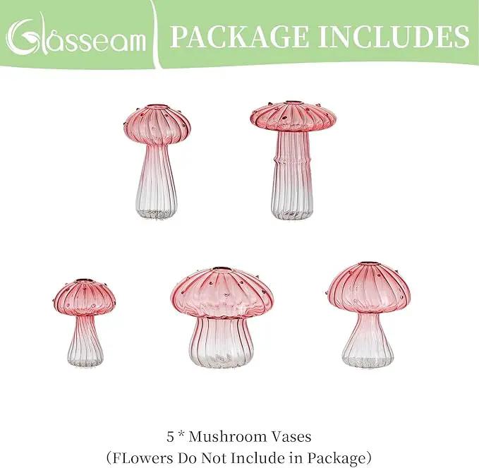 Glasseam Mushroom Plant Propagation Stations: Pink Glass Terrarium Jar Set of 5 Cute Planters for Indoor Plants Decorative Propagate Vase Unique Gifts for Women Home Office Decor by GreenHaven Gardens