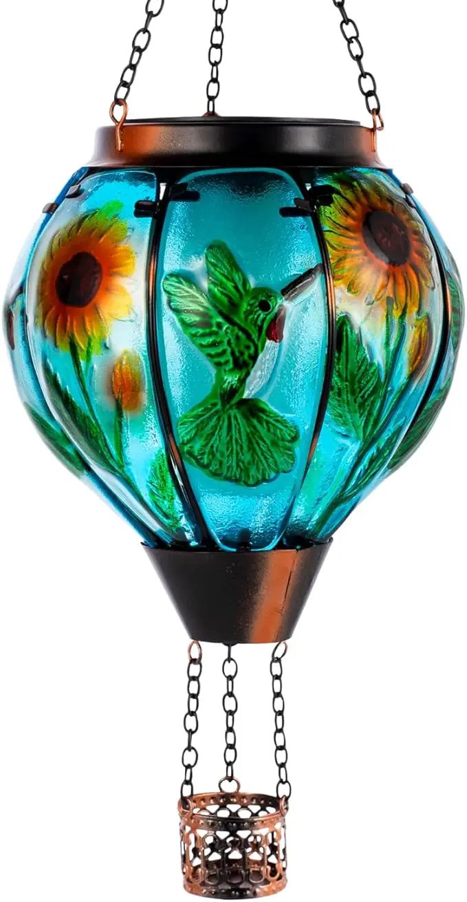 Hummingbird and Sunflower Solar Hot Air Balloon Lantern with Flame, Glass Hot Air Balloon Solar Lantern Outdoor Waterproof, Hanging Solar Lantern for Outside Garden Patio Tree Porch Yard by GreenHaven Gardens