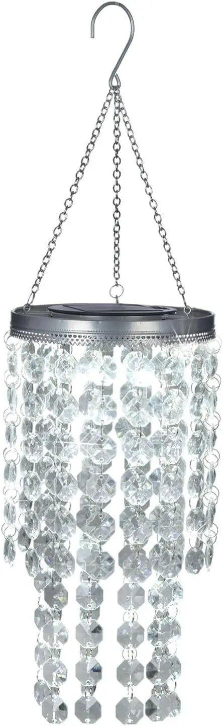 Hanging Solar Crystal Chandelier Outdoor, 21” Modern Solar Transparent Acrylic Beaded Lantern with Cool White LED S Hooks for Garden Yard Patio Gazebo Outside Decor by GreenHaven Gardens