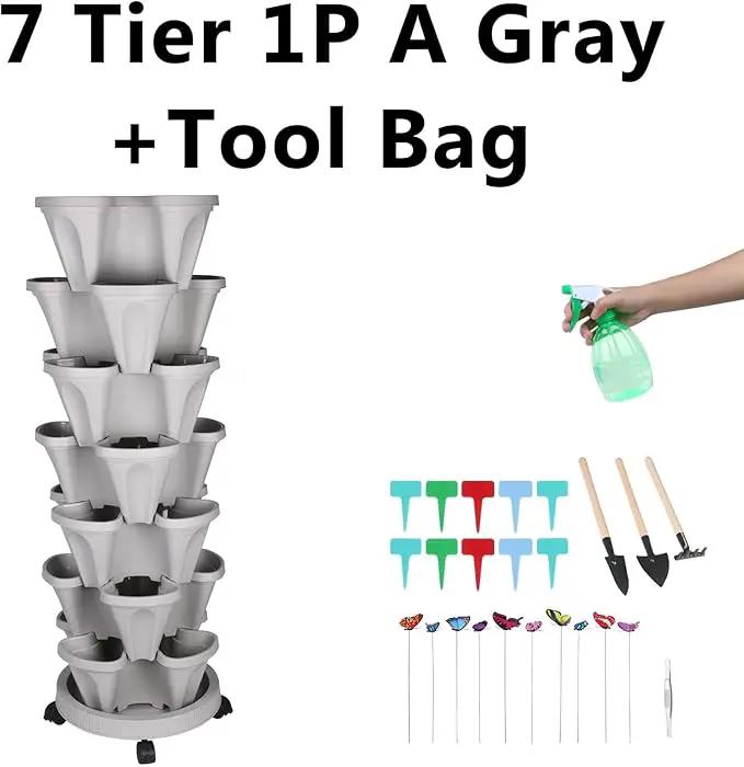 Vertical Planter, 7 Tier Stackable Strawberry Planter with Garden Tool Set, Movable Indoor/Outdoor Garden Herb Pot for Growing Vegetables and Succulents, Gray by GreenHaven Gardens
