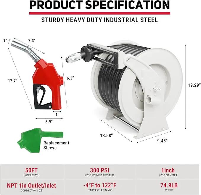 Diesel Fuel Hose Reel Retractable 1" x 50' with Fueling Nozzle Diesel Hose Reel 300 PSI Industrial Auto Swivel Heavy Duty Steel Construction for Farm Ship Vehicle Tank by GreenHaven Gardens