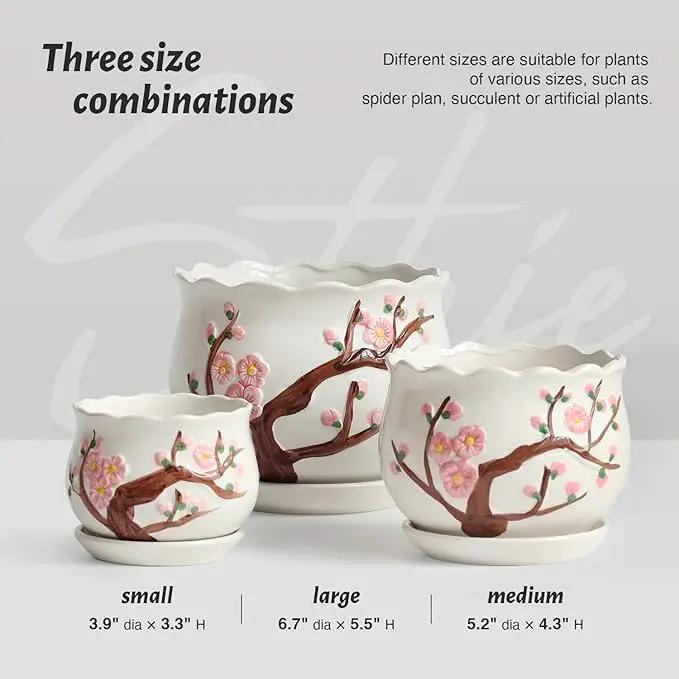 Ceramic Plant Pots with Drainage Holes and Saucers, Round Flower Pots for Indoor Plant, 3.9/5.2/6.7 Inches Small Flower Planters Set of 3 by GreenHaven Gardens