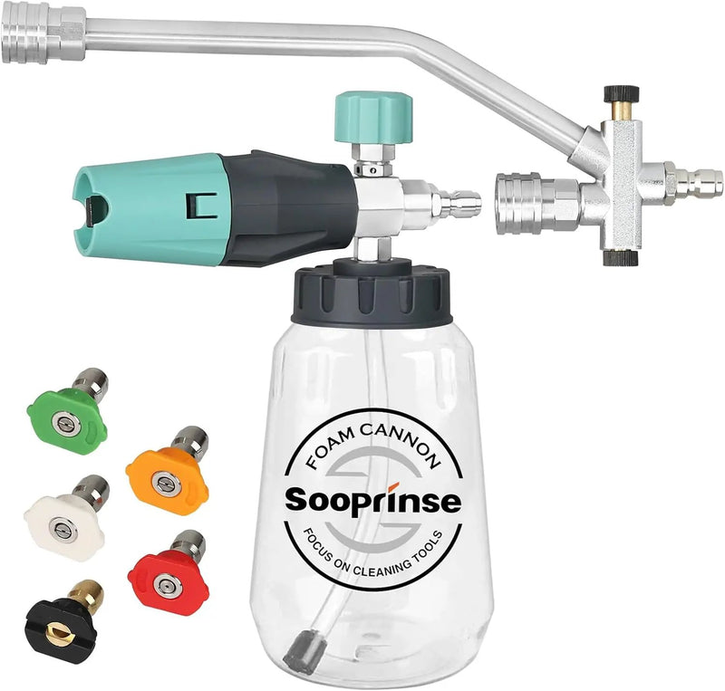 Sooprinse Pressure Washer Foam Cannon with Dual Connector Accessory, Power Washer Soap Cannon with Double Tip Attachment, 5 Power Washer Nozzle Tips, 1/4" Quick Connect, 4000 PSI by GreenHaven Gardens