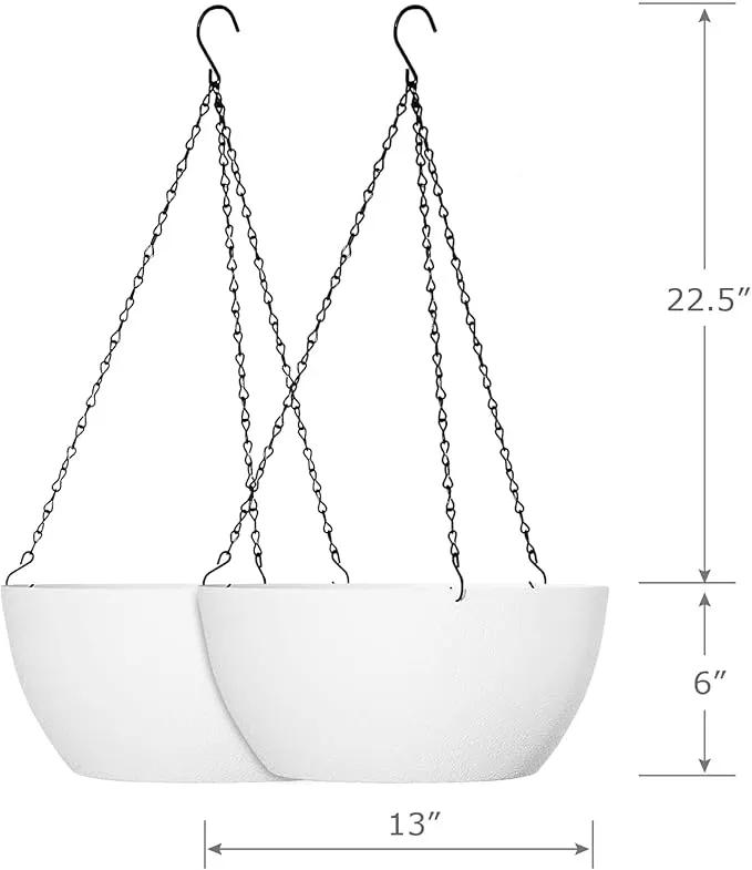13 inch Large Hanging Planters Plant Pots for Outdoor Indoor Plants with Drainage Holes and Chain, 2 Pack Round Hanging Flower Pots for Garden Home Porch Decor, White by GreenHaven Gardens