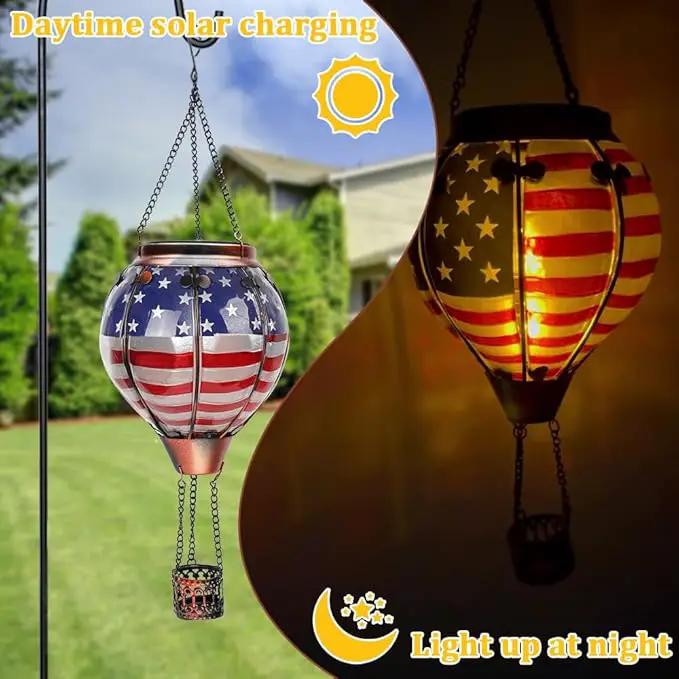 2PCS Solar Hot Air Balloon Lanterns with Flame with Shepherd's Hooks, Glass Hanging Flickering Lights Outdoor Waterproof for Garden Tree Yard Patio Mother's Day Gift, 18" H Flag by GreenHaven Gardens