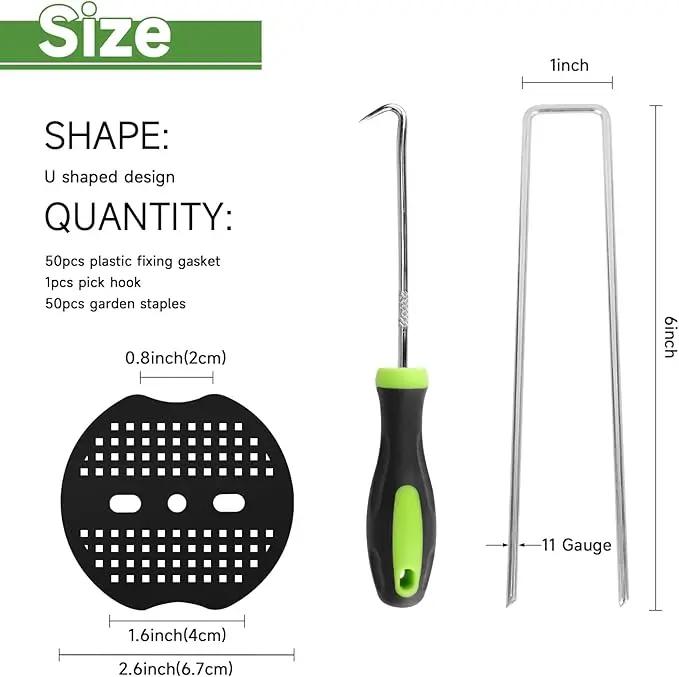 Landscape Staples Set,6 Inch 11 Gauge 50pcs Galvanized Garden Stakes + 50pcs Gaskets + 1Pick Hook,U-Shaped Tent Stakes Landscaping Fabric SOD Pins for Weed Fabric Barrier,Groud Cover,Fence by GreenHaven Gardens