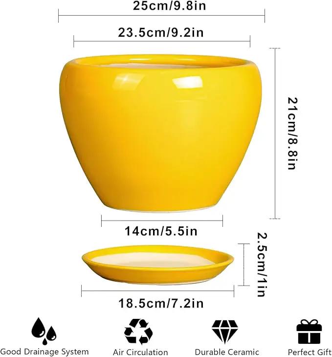 Ceramic Planter - 10 Inch Plant Pot for Indoor Outdoor Plants Glaze Modern Round Planter with Drainage Hole and Saucer for Garden Office Home Room Patio Decor, Yellow by GreenHaven Gardens