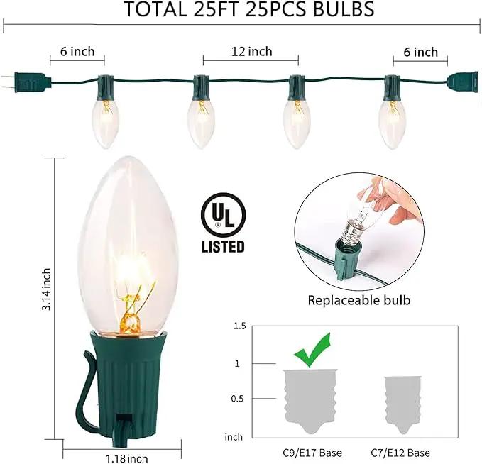 C9 Clear Christmas String Lights 25Ft C9 Outdoor Lights String with 26 Clear Bulbs, Hanging Christmas Roofline Light Patio Lights for Outdoor Decor 7 Watt C9/E17 Intermediate Base-Green Wire by GreenHaven Gardens