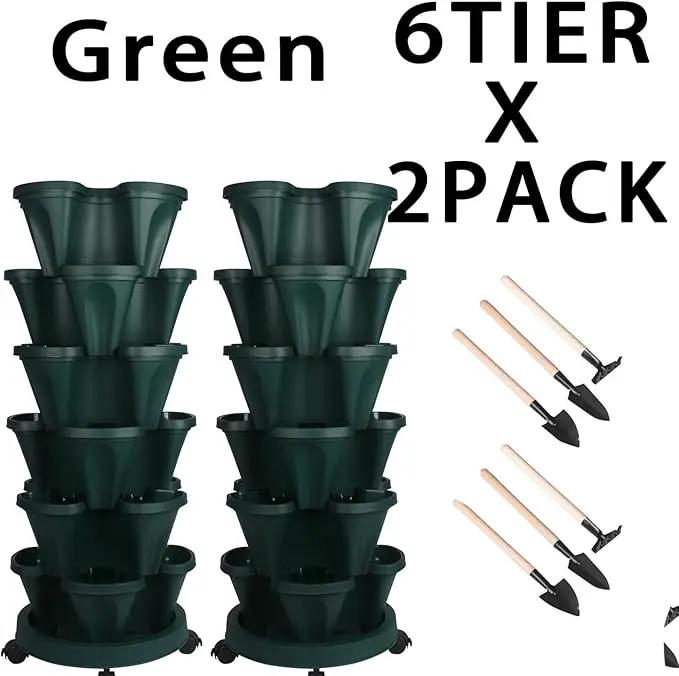 Vertical Planter 6 Tier Stackable Planters Garden Planters Strawberry Herb Flower and Vegetable Planter Indoor Outdoor Gardening Pots with Removable Wheels and Tools 2-Pack by GreenHaven Gardens