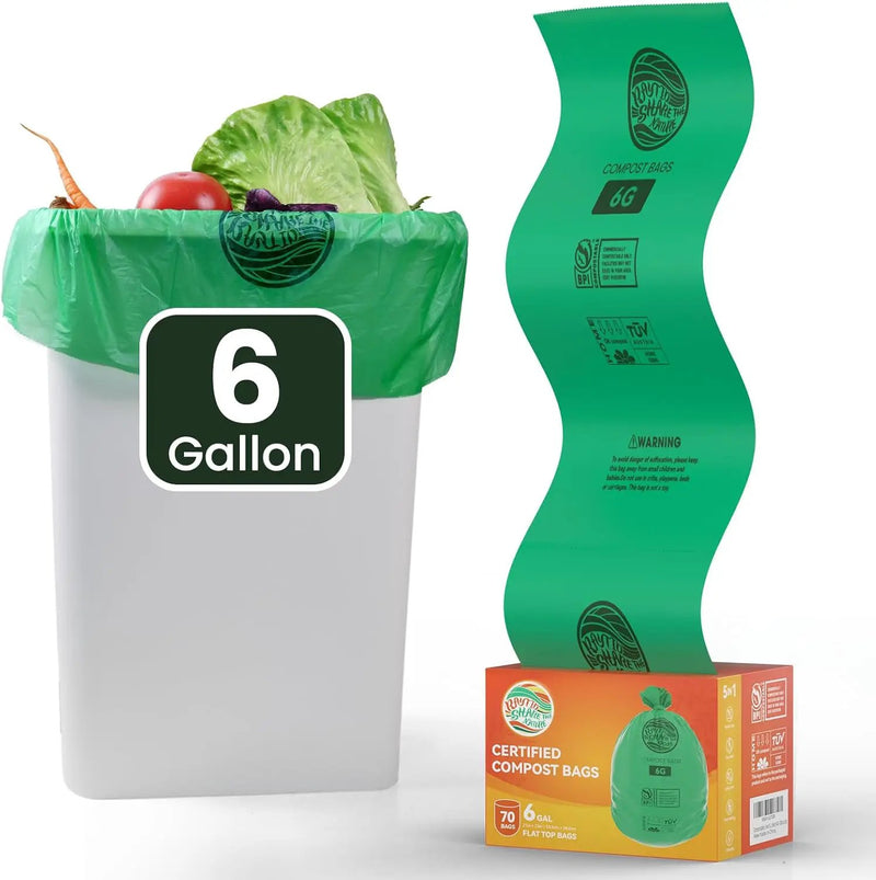 Compostable Bags, 6 Gallon Food Scraps Yard Waste Bags,Fits 5-6-8 Gallon trash can, 30 Liter, 70Count, Heavy Duty 0.85 Mils, ASTMD 6400 Kitchen Trash Bags, BPI&OK compost HOME certified by GreenHaven Gardens