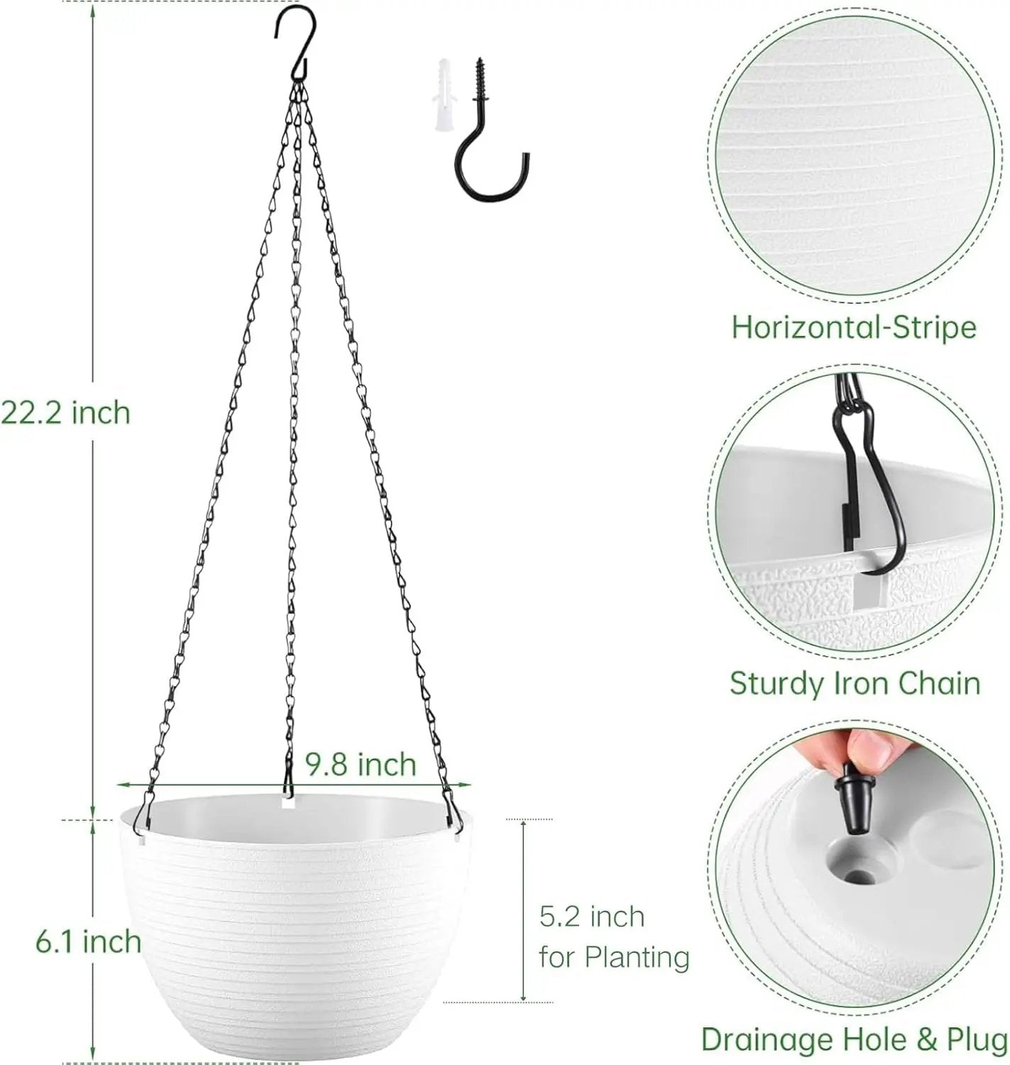 Hanging Planters for Indoor Outdoor Plants, Set of 2 Self Watering Hanging Pots with Drainage Hole & Plug and 20" Chain & Hooks by GreenHaven Gardens