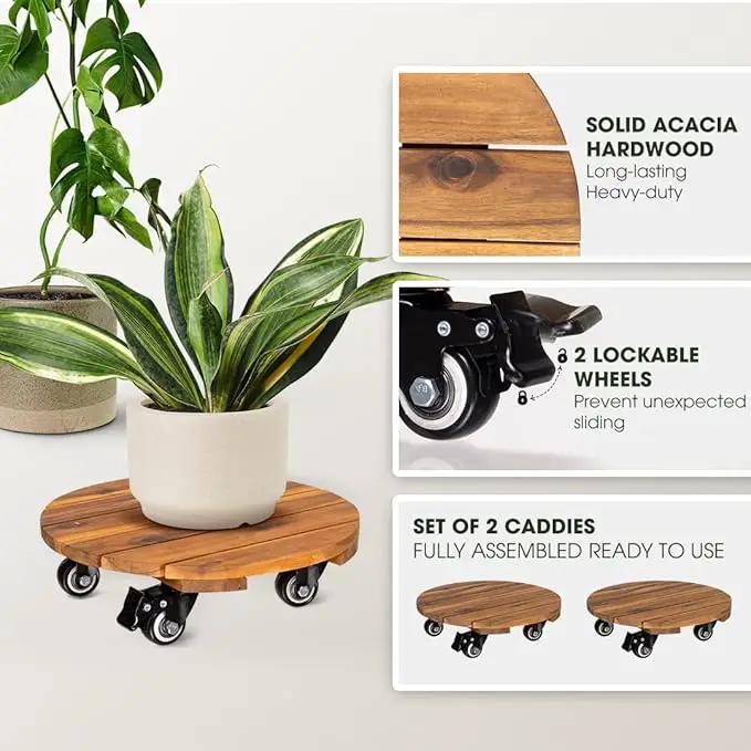 Idzo 2pack 12inches Wood Plant Caddy with Wheels Heavy Duty, 264 Lbs Capacity, Acacia Hardwood Plant Dolly, Plant Stand with 360° Lockable Wheels for Plant Pots, Heavy Objects Hauling - Natural Wood by GreenHaven Gardens