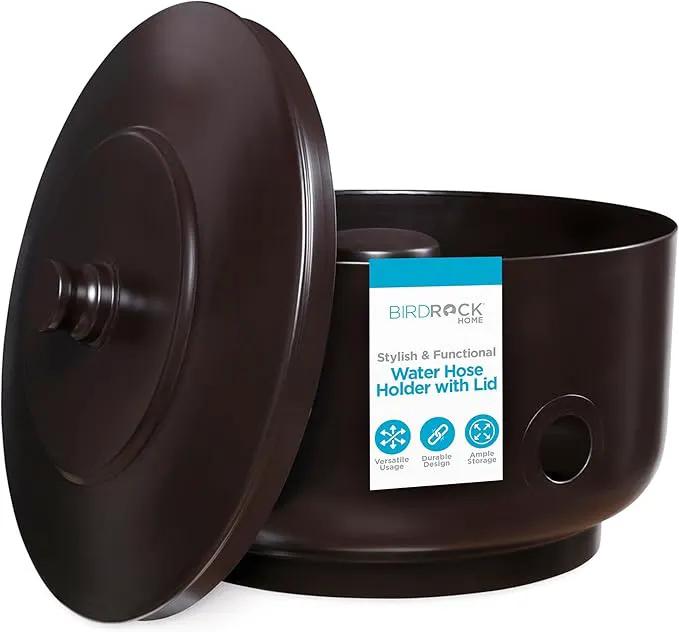 BirdRock Home Decorative Footed Water Hose Holder Pot with Lid | Holds 100ft Hose | Ground Garden Box | Powdered Coated Steel | Metal Hider | Outdoor or Indoor (Oil Rubbed Bronze) by GreenHaven Gardens