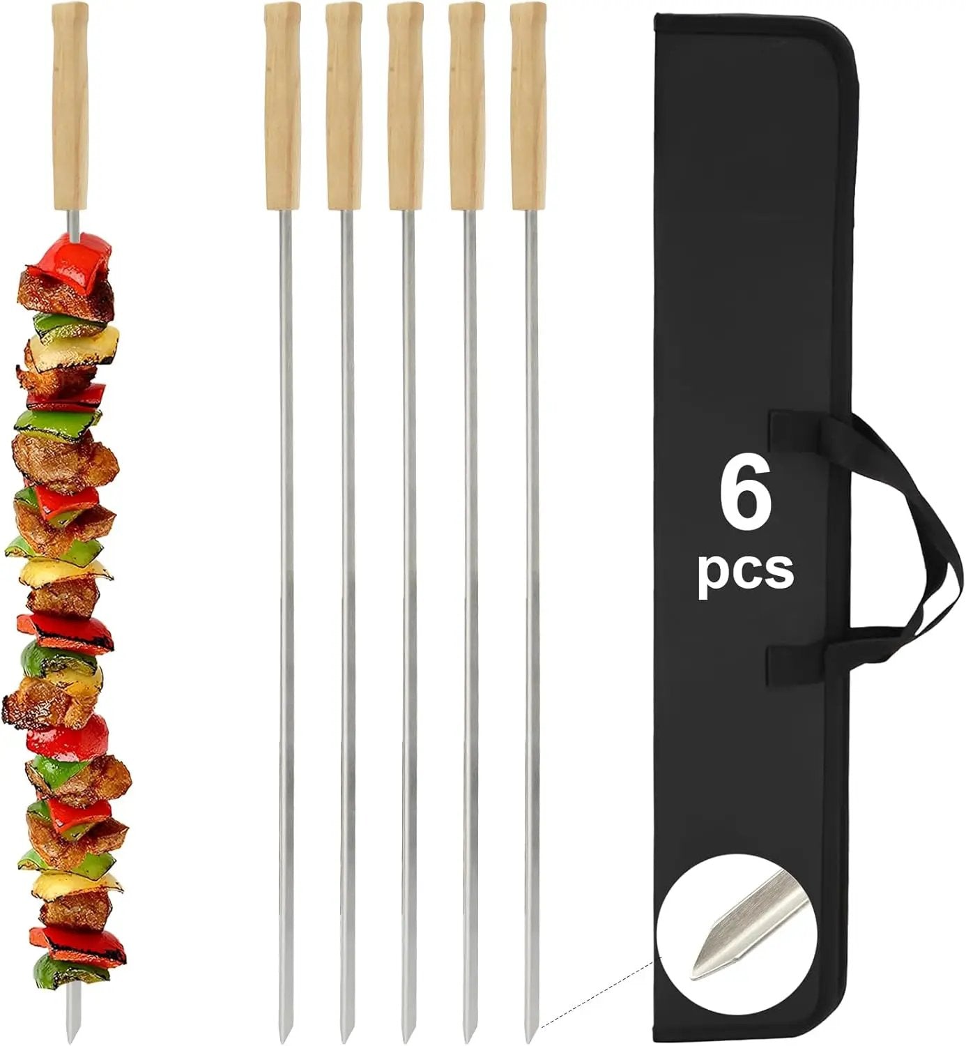 SHIKORI Kabob Skewers,BBQ Barbecue Skewers,Stainless Steel Sticks,23 Inch Heavy Duty Large Wide Reusable,with Nonslip Wooden-6 Pcs by GreenHaven Gardens