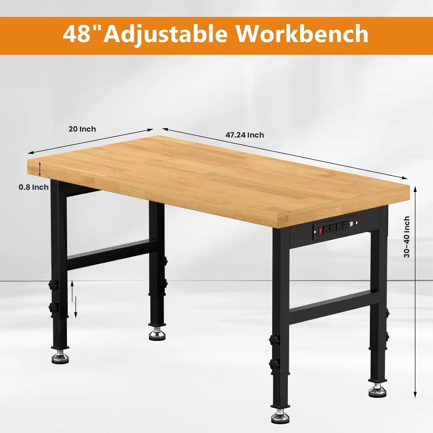 48" Work Bench, Adjustable Height Workbench with Rubber Pad, Heavy-Duty Solid Wood Work Table with Power Outlets, 2000 LBS Capacity Workstation for Garage, Workshop, Office, Home by GreenHaven Gardens