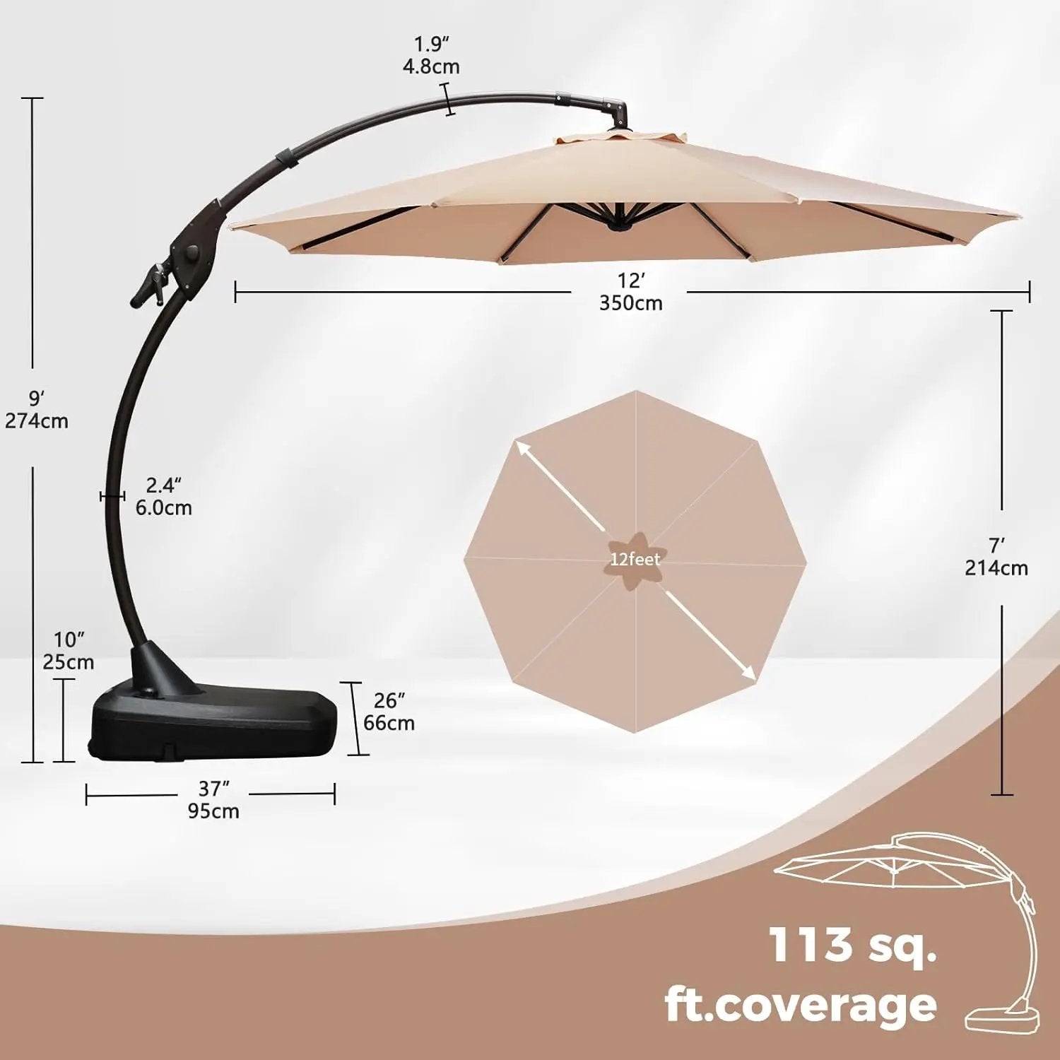 Grand patio 12FT Offset Umbrella Outdoor Round Aluminum Cantilever Umbrella with Base for Garden Deck Poolside (Champagne, 12 FT) by GreenHaven Gardens