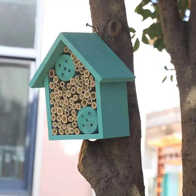 Mason Bee Houses Outdoor Wooden Blue Bee Hotel for Garden and Yard Hand-Made Bamboo Bee Hive for Bees Butterflies and Ladybugs, Medium Size 8"x7.5"x5" by GreenHaven Gardens