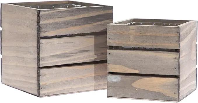 Wood Planter Box with Wine Crate Styled, 5 Inch Square, Rustic Barn Wood, Plastic Liner, Wedding Flowers Holder, Home and Venue Decor, (5x5 Wine Crate Set of 4) by GreenHaven Gardens