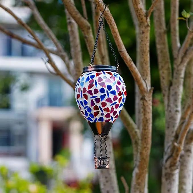 DREAMSOUL Butterfly Mosaic Hot Air Balloon Solar Lantern Hanging Glass Decorative LED Light Solar Lanterns Outdoor Waterproof by GreenHaven Gardens