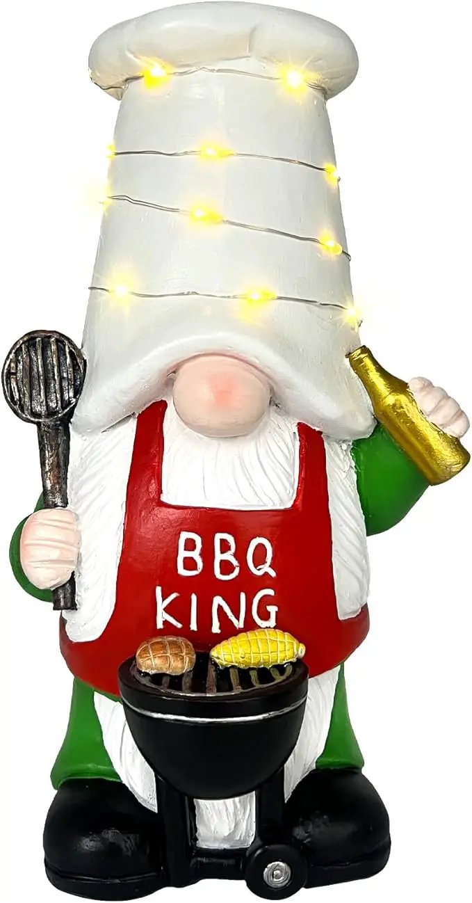BAYN Garden Gnome Statues Outdoor Decor, Solar Powered Outdoor Gnome with BBQ Grill Decorative Yard Garden Lights Art Gifts with 11 Warm White LEDs by GreenHaven Gardens