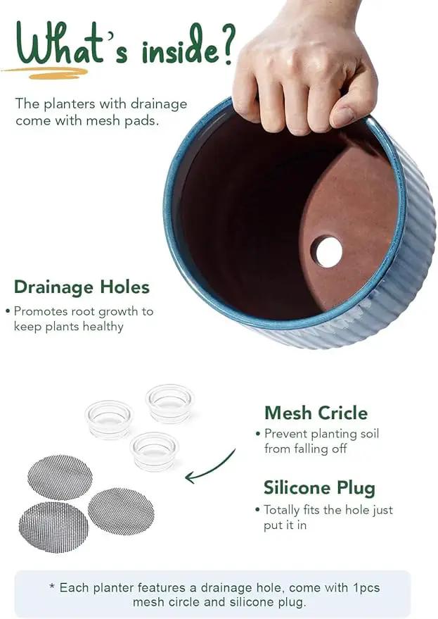 LE TAUCI Ceramic Plant Pots with Drainage Holes, Set of 3, 8+6.7+5.5 Inch Stripe Garden Planter Pots for Outdoor Indoor Plants Flower, Round Succulent Orchid Flower Pot, Reactive Glaze Green by GreenHaven Gardens