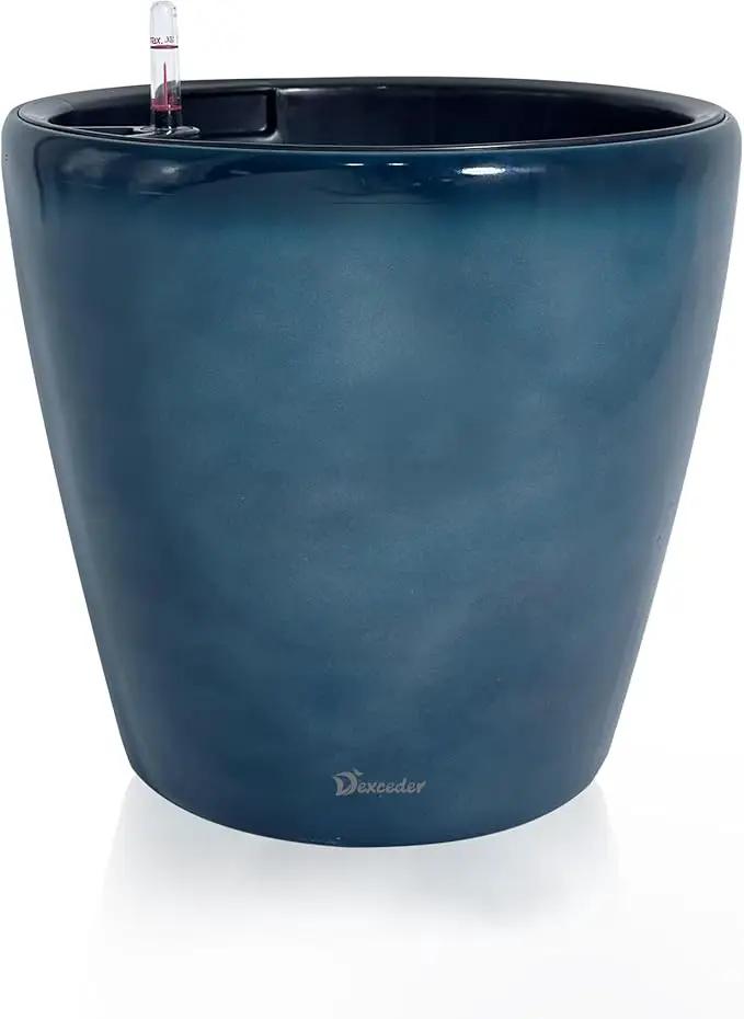 Dexceder 15x14 Self Watering Planter with Wheels Indoor Outdoor, Inner Pot Design, Thickened Large Floor Standing Flower Plant Pot with Water Level Indicator (Grayish Green Gradient)