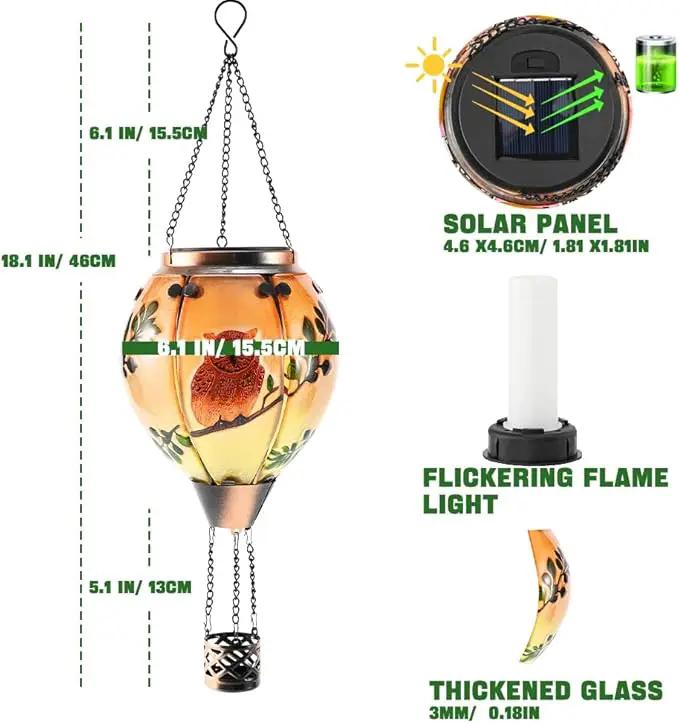 Hot Air Balloon Solar Lantern - Owl Bird Stained Glass Lantern with Simulated Flickering Flame, Outdoor Hanging Yard Light Waterproof IP65 & Weather Resistant for Patio Lawn Porch Decor Gfit by GreenHaven Gardens