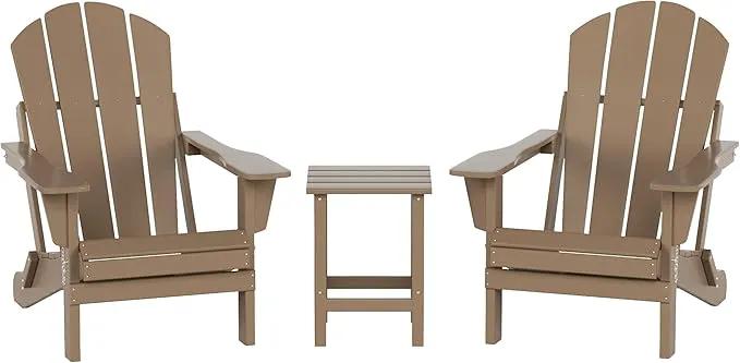 WO Home Furniture Adirondack Chairs Table Set of 3 PCS Outdoor Folding Chairs Side End Table Weather/UV Resistant for Lawn, Garden, Bon Fire, Balcony (Weathered Wood) by GreenHaven Gardens