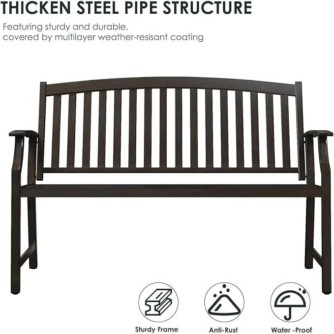 Grand patio 52" Farmhouse Outdoor Bench, Garden Benches with Rust Free Metal Powder Coated Frame and Aluminum Backrest, Faux Wood Grain Finish Frame Patio Bench for Front Porch, Northwoods Brown by GreenHaven Gardens