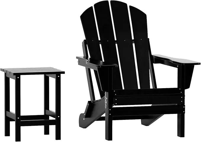 WO Home Furniture Adirondack Chair Table Set of 2 PCS Outdoor Folding Chair w Side Table Weather/UV Resistant for Lawn, Garden, Bon Fire, Balcony (Black) by GreenHaven Gardens