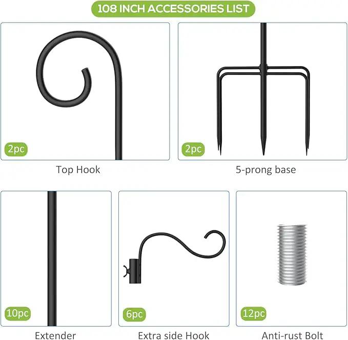108 Inch Shepherds Hooks for Outdoor 2 Pack, Bird Feeder Poles with 4 Hooks, Shepherds Hook for Bird Feeders Outside with Base, Garden Pole for Hanging Plant Baskets, Weddings Decor (108 Inch) by GreenHaven Gardens