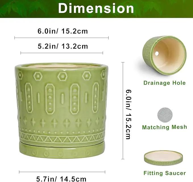 Ceramic Pot for Plants - 6 Inch Indoor Planter with Drainage Hole and Saucer, Round Decorative Flower Pots Outdoor, Boho Succulent Planter, Garden Home Decor, Gifts for Plant Lover, Green by GreenHaven Gardens