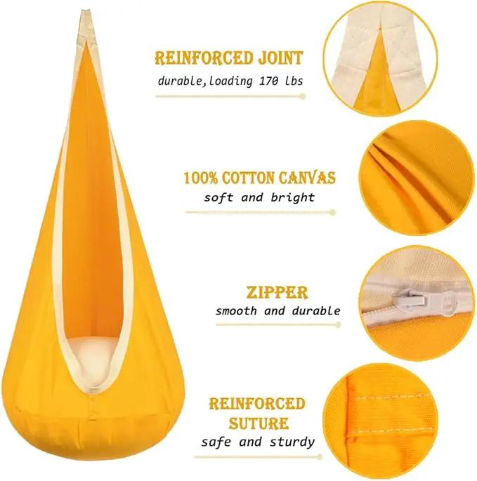 Kids Pod Swing Hanging Seat Child Hammock Chair Indoor and Outdoor Sensory Swings 100% Cotton Loading Capacity 170 lbs (Yellow) by GreenHaven Gardens