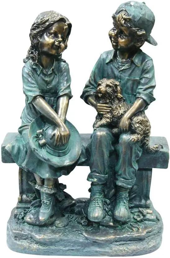 Alpine Corporation 16" Tall Indoor/Outdoor Girl and Boy Sitting on Bench with Puppy Statue Yard Art Decoration by GreenHaven Gardens