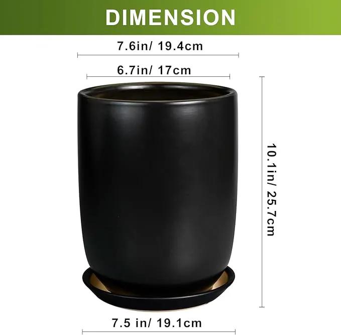 Ceramic Planter 8 Inch - Plant Pot for Indoor Outdoor Plants Cylinder Flower Pot with Drainage Hole and Saucer Black by GreenHaven Gardens