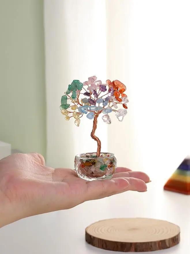 Jovivi Small 7 Chakra Crystals Tree, Natural Crystal Healing Stones Tree Glass Bowl Base Gemstone Money Trees Feng Shui Good Luck Home Desk Decor by GreenHaven Gardens
