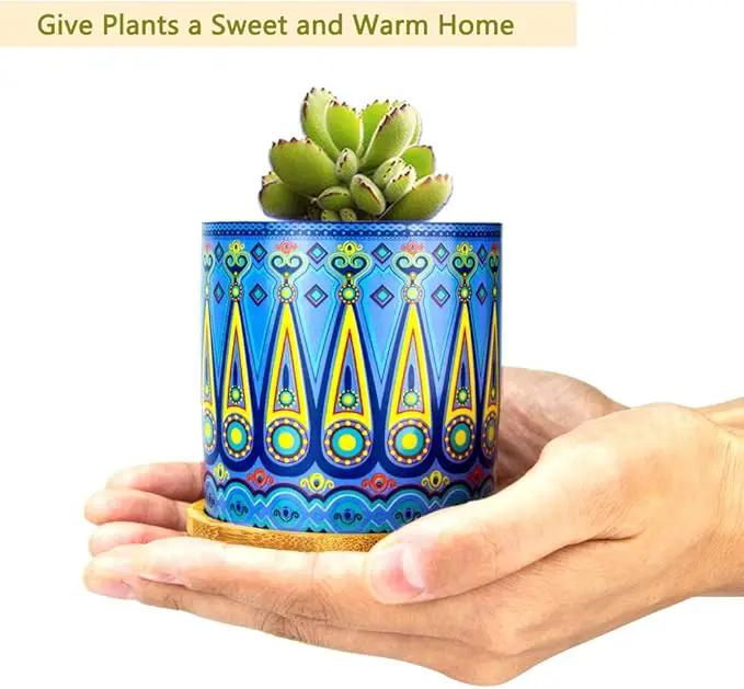 Mandala Succulent Pot with Drainage Hole & Bamboo Coaster, Small Plant Pots, Bohemian Ceramic Succulent Planter Pot for Small Plant-6 Pack by GreenHaven Gardens