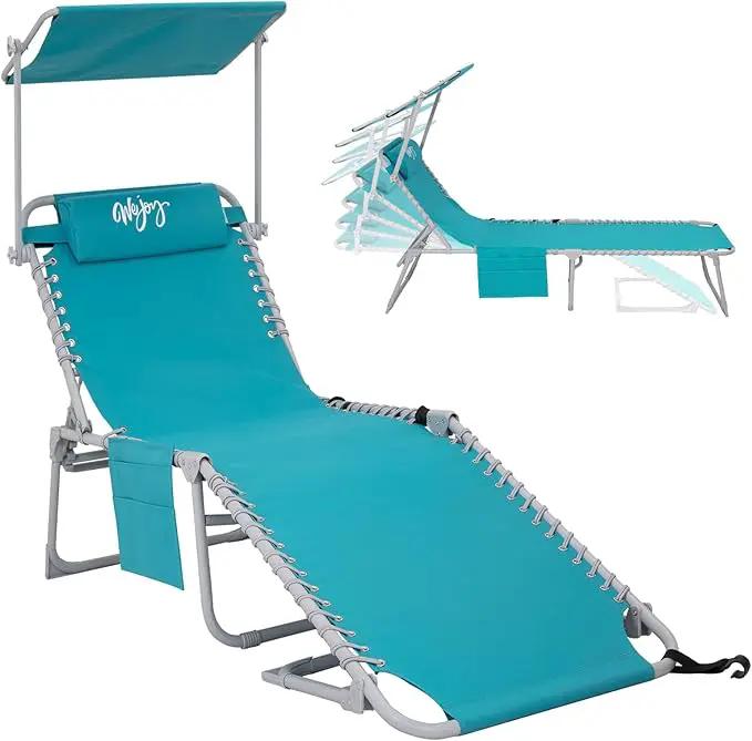 #WEJOY Folding Tanning Chair with Canopy Shade, Portable Adjustable 5-Position Patio Chaise Lounge with Pillow & Storage Pocket for Lay Flat Outdoor Lawn Backyard Beach Camping Pool (Cyan) by GreenHaven Gardens