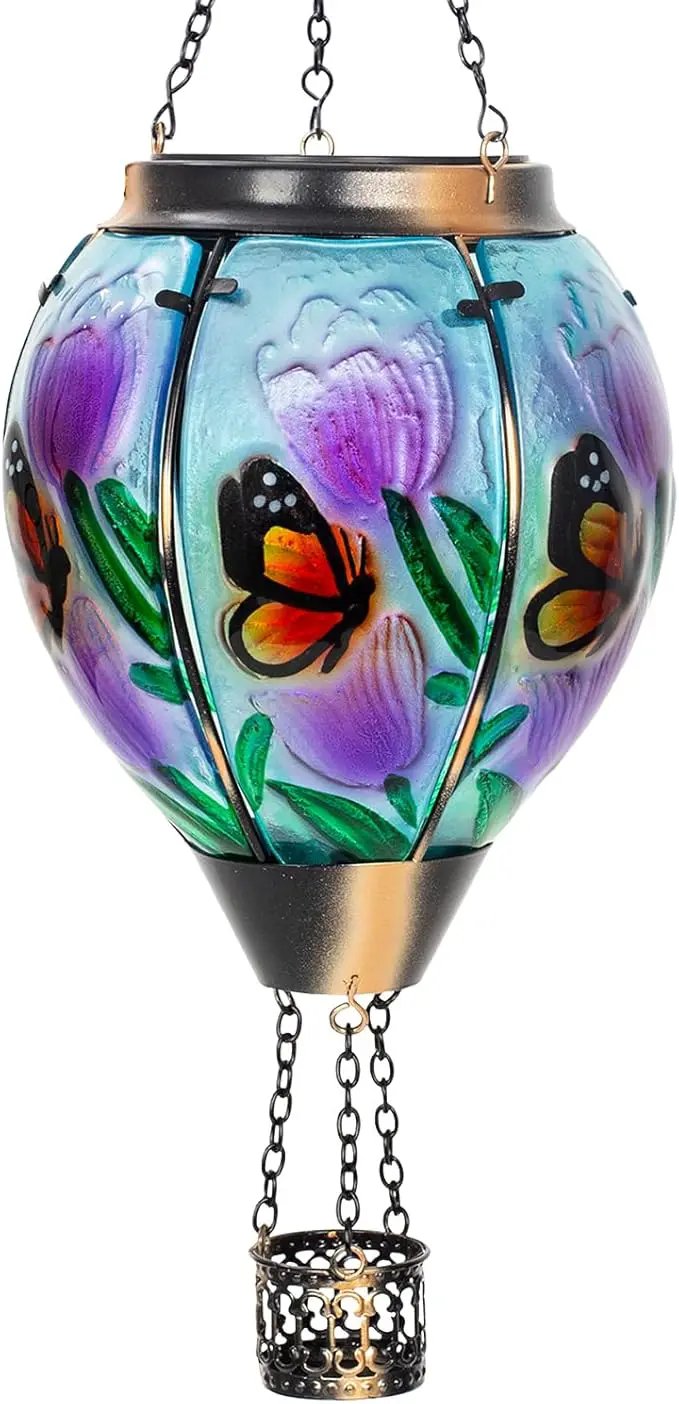 Butterfly Flower Solar Hot Air Balloon Lantern with Flame, Glass Balloon Lantern Outdoor Waterproof Lights, Hanging Solar Lights for Outside Garden Patio Porch Tree Yard Gift for Mom by GreenHaven Gardens