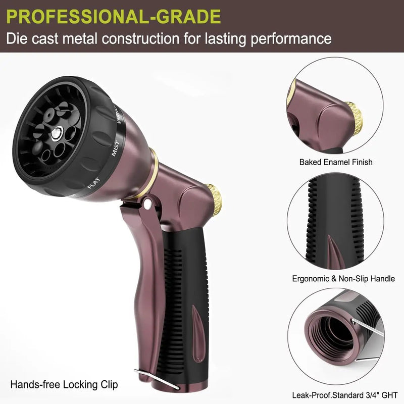 FANHAO Heavy Duty Garden Hose Nozzle, 100% Metal Water Nozzle with 8 Adjustable Spray Patterns, High Pressure Hose Sprayer with Non-Slip Grip for Watering Plants & Lawns, Washing Cars & Pets -Bronze by GreenHaven Gardens