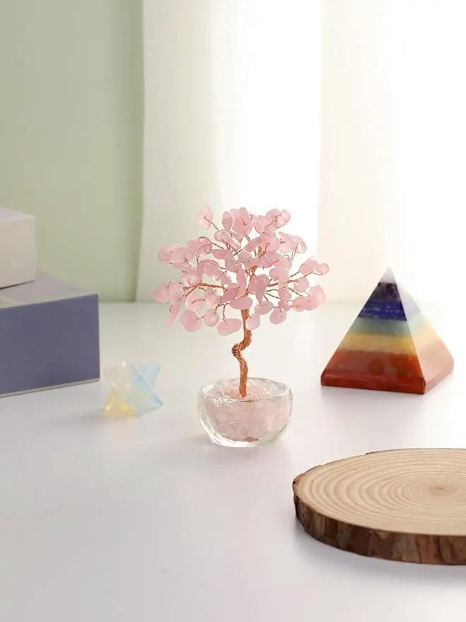 Jovivi Small Rose Quartz Crystal Tree, Natural Crystal Healing Stones Tree Glass Bowl Base Gemstone Money Trees Feng Shui Good Luck Home Desk Decor by GreenHaven Gardens