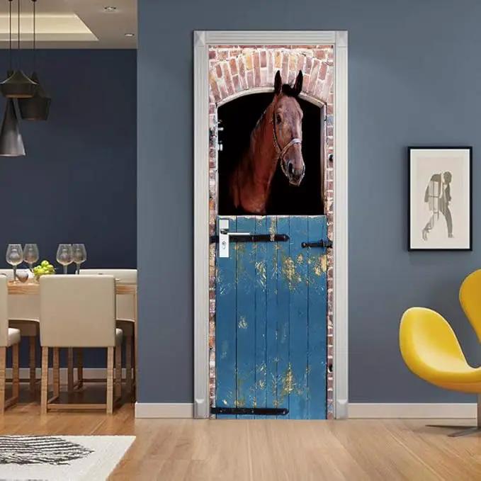 Horse 3D Door Stickers Murals - Peel & Stick - Waterproof & Washable - Matt Finish - Rustic Brown - Animal Pattern - Rectangular - All Seasons - Adults - Door & Wall - 37.4" x 78.7" - 2 Pieces by GreenHaven Gardens