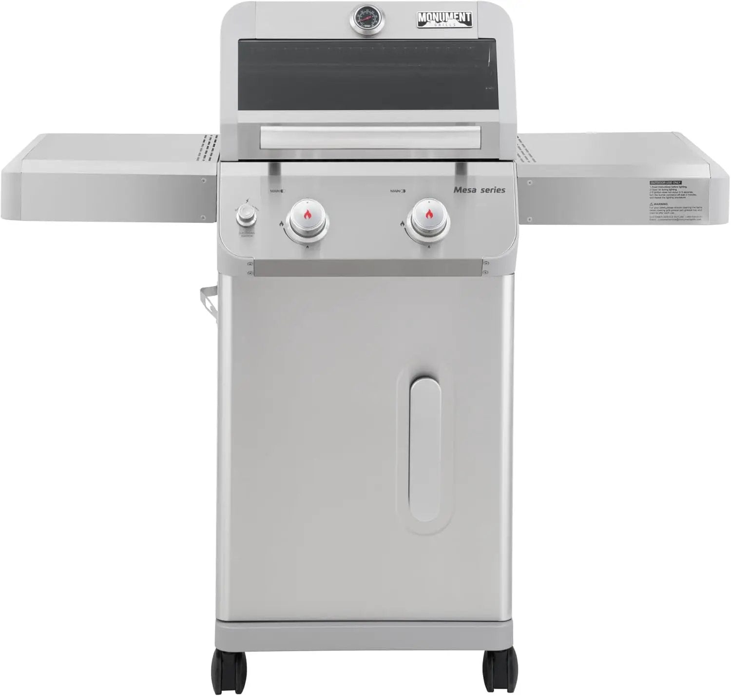 Monument Grills 2-Burner Stainless Steel Liquid Propane Gas Grill, Two Foldable Shelves Patio Garden Barbecue Grill with Clearview® Lid, Knob Control, Mesa200S with BBQ Cover by GreenHaven Gardens